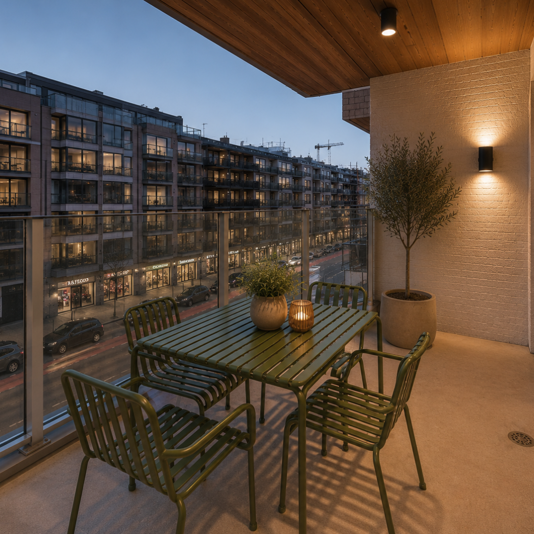 Terras met eettafel en zicht op de straat