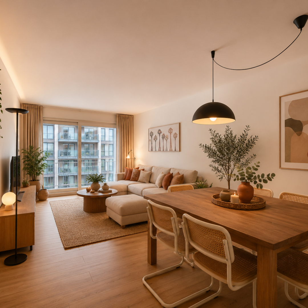 Lichte leef- en eetruimte van het ODK appartement